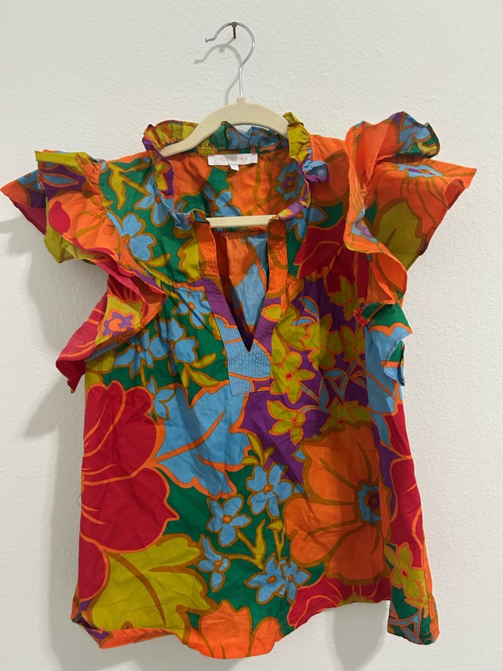 Olivaceous Bold Floral Ruffle Sleeve Top - Orange, Green, Blue, Pink